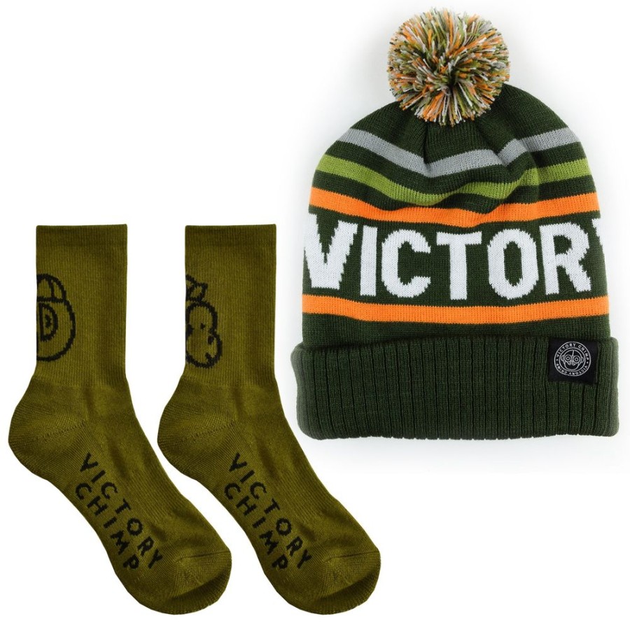 Men'S Victory Chimp Caps & Hats | Bobble & Merino Sock Bundle (Olive Green)