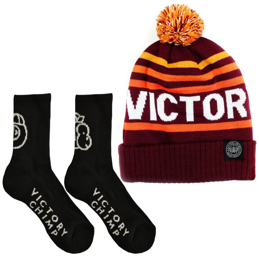 Men'S Victory Chimp Caps & Hats | Bobble & Merino Sock Bundle (Burgundy/Black)