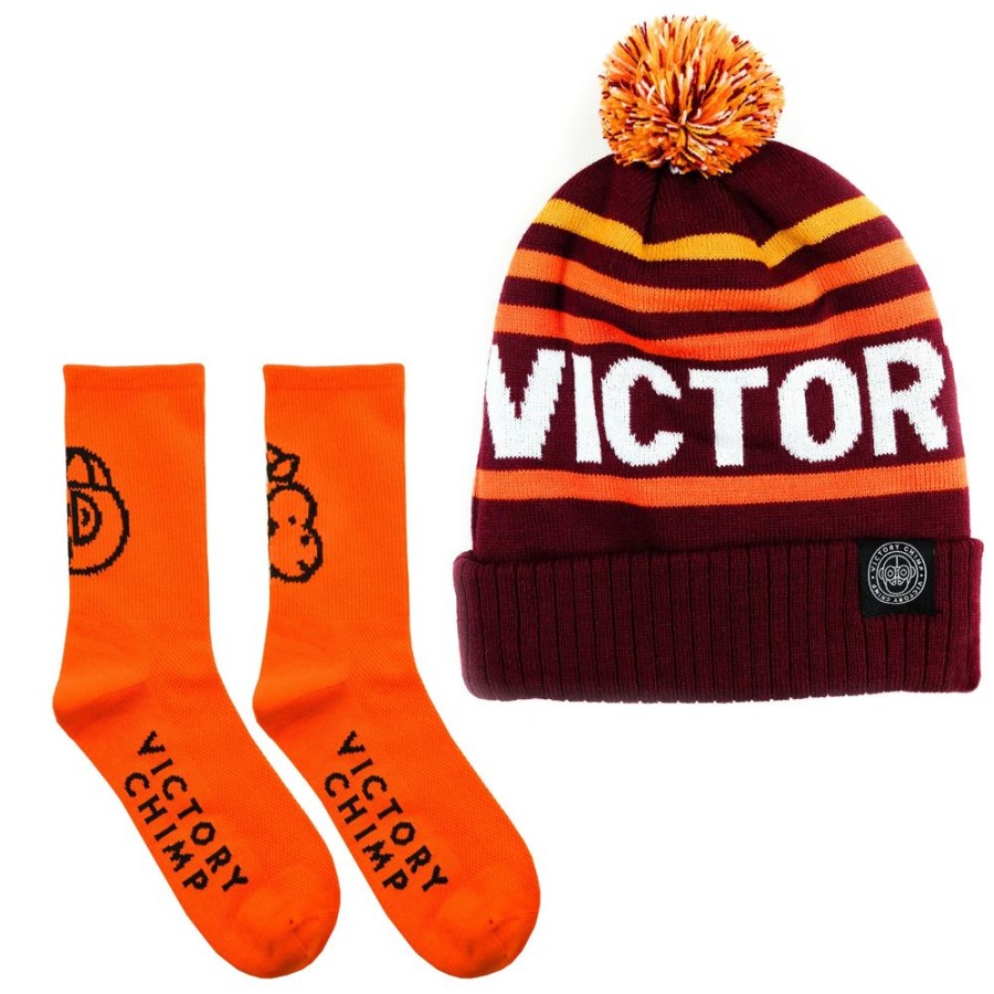 Men'S Victory Chimp Caps & Hats | Bobble & Merino Sock Bundle (Orange & Burgundy)